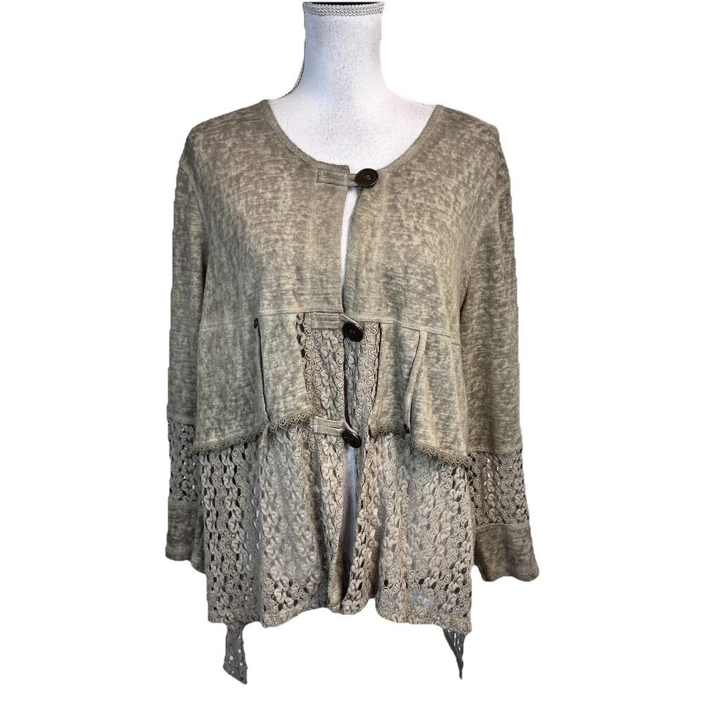 Ali Miles Top Tunic size Large Olive Taupe Lace Stretch Peasant Cottage Core